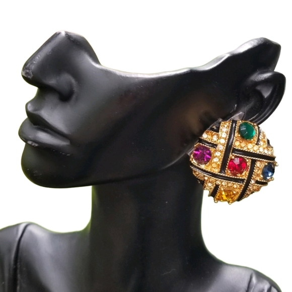 VINTAGE LARGE BYZANTINE STYLE GOLDTONE & JEWEL  RHINESTONE CLIP ON EARRINGS - Picture 1 of 6